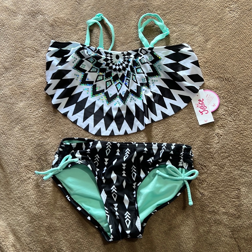 Justice 2pc swimsuit bikini size 10 girls mint green black white geometric